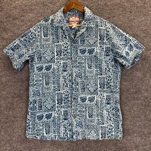 RJC Shirt Mens Large Blue Hawaiian Aloha Tiki Floral Short Sleeve Made Hawaii